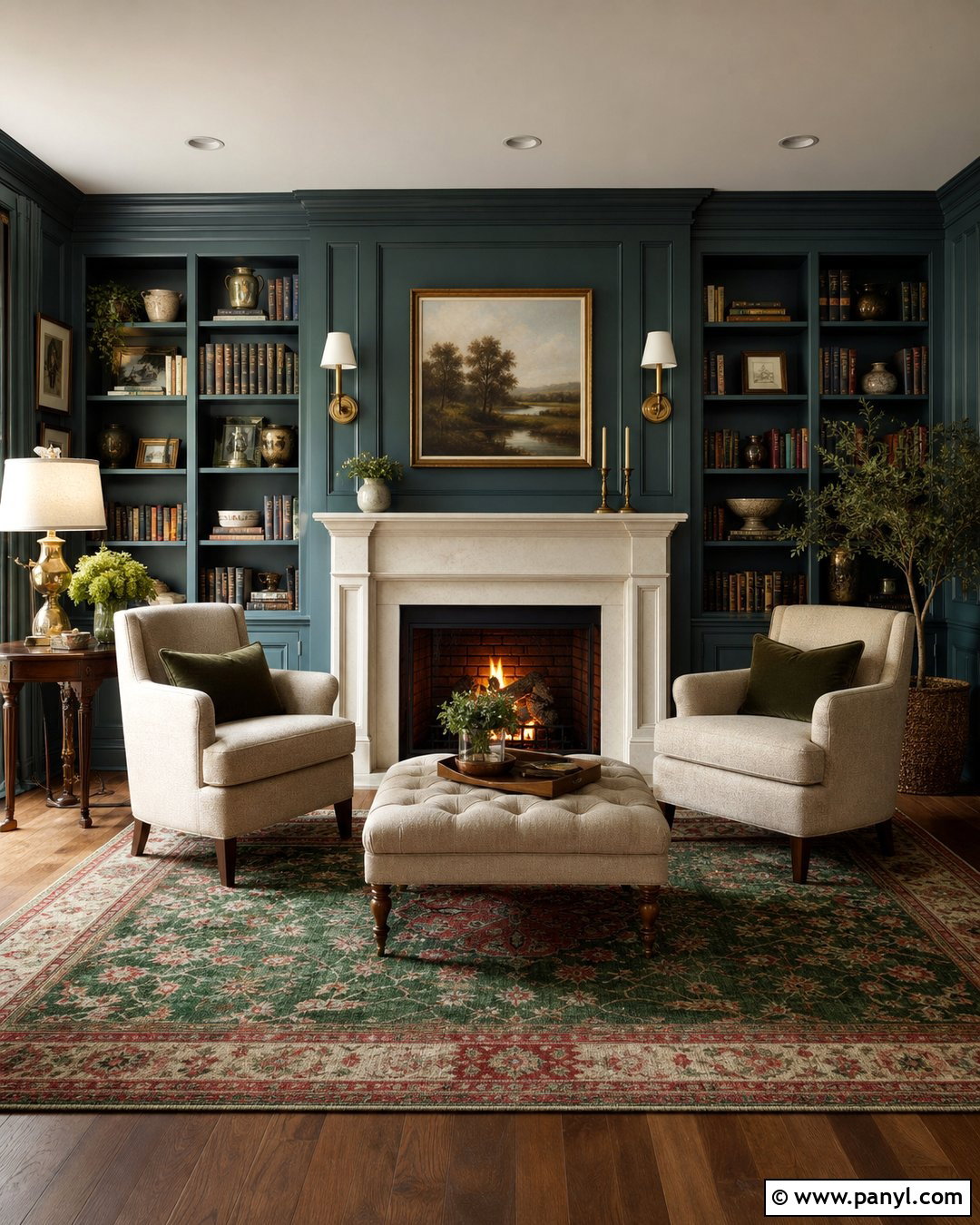 Dark Green Library With Fireplace - 20 Cozy Library With Dark Green Walls