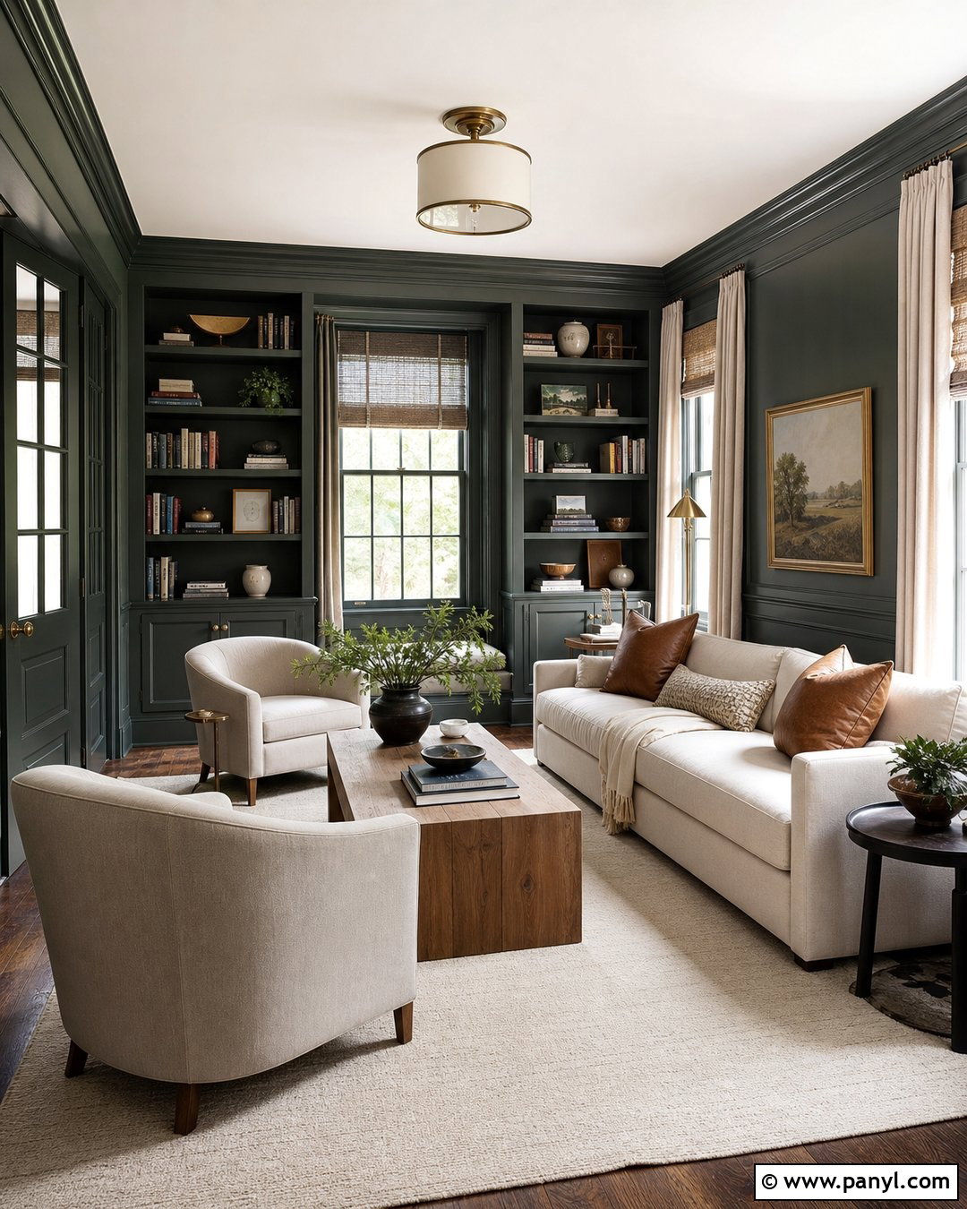Dark Green Library With Neutral Linen - 20 Cozy Library With Dark Green Walls
