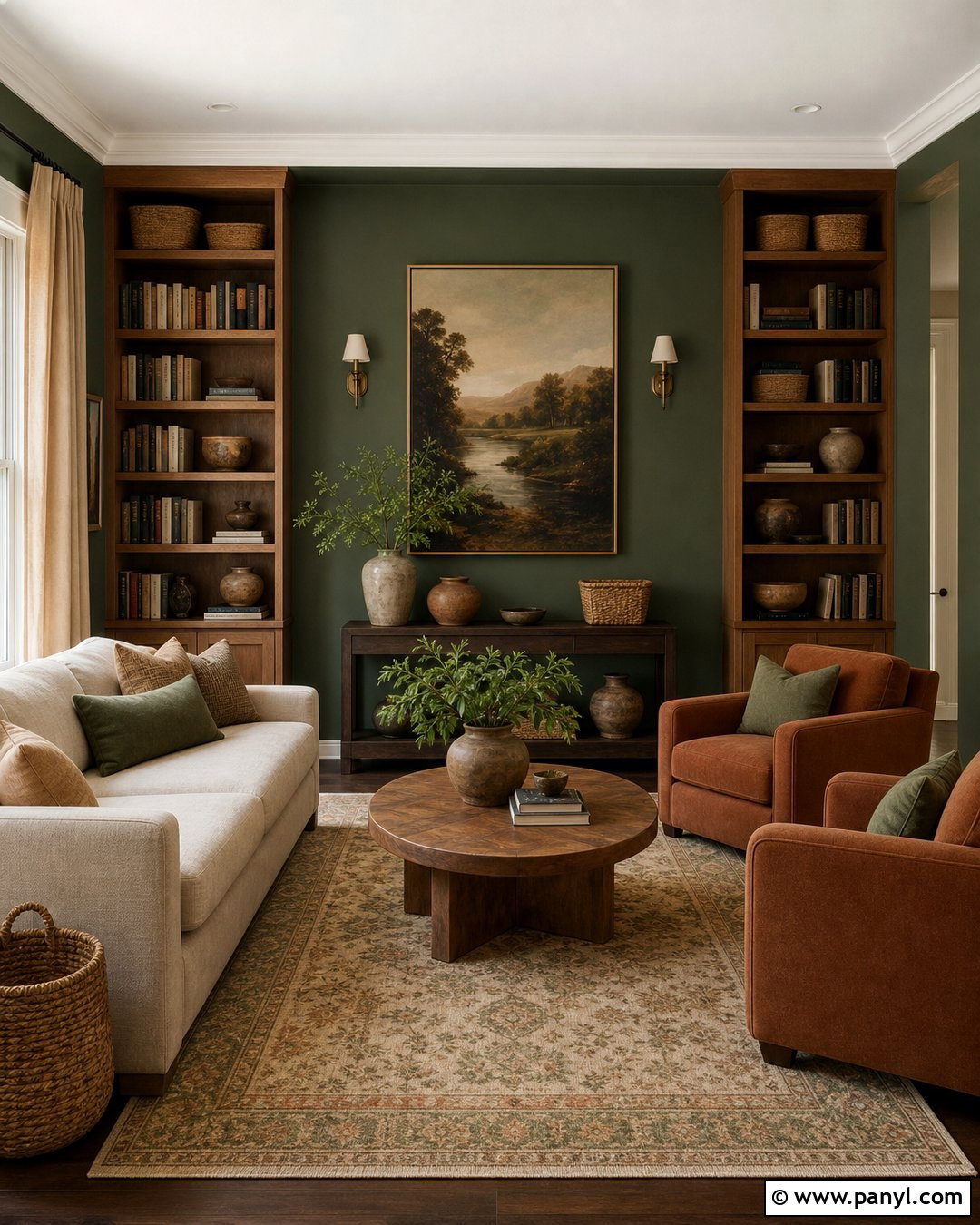 Dark Green Library With Terracotta Decor - 20 Cozy Library With Dark Green Walls