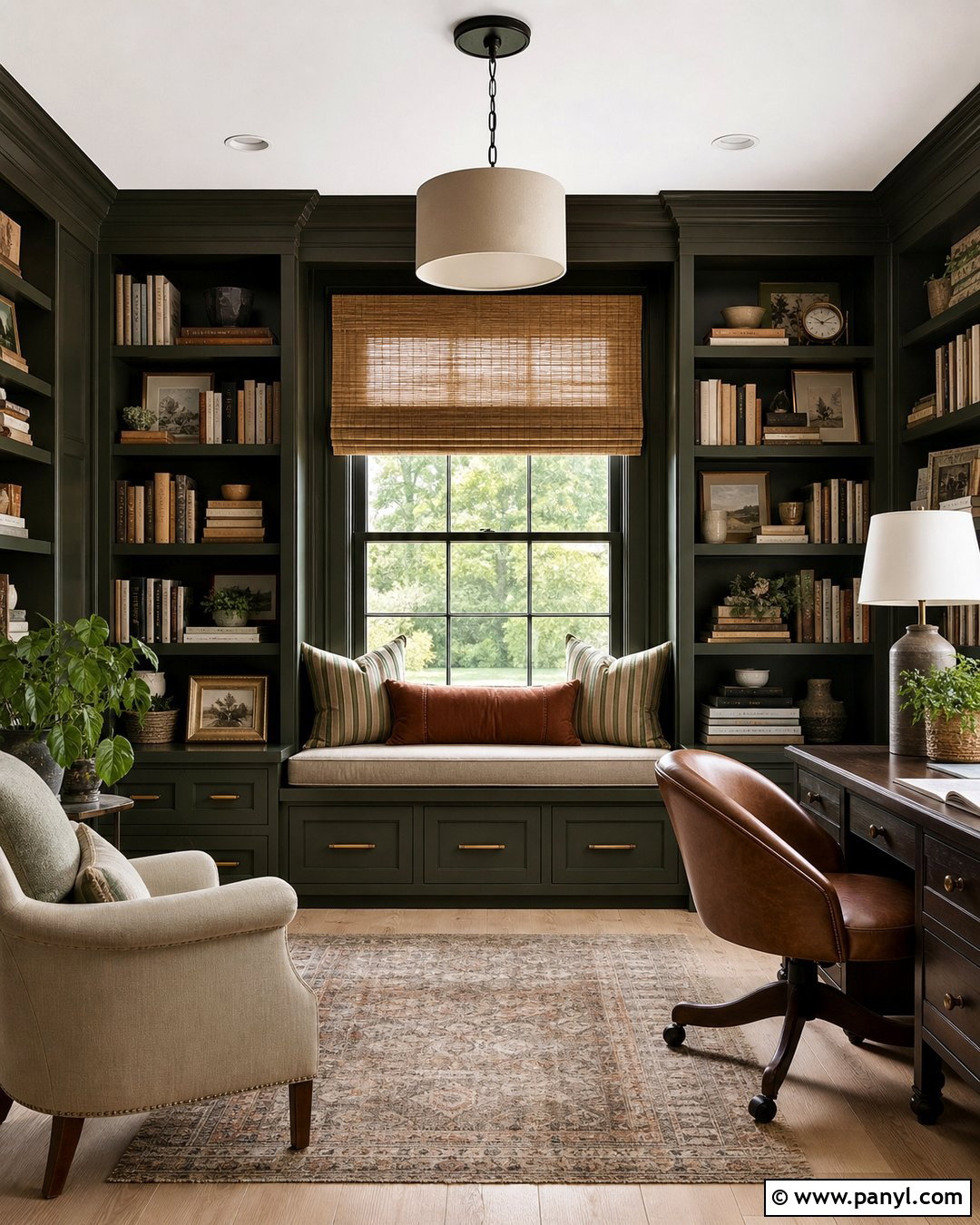 Dark Green Library With Window Seat - 20 Cozy Library With Dark Green Walls