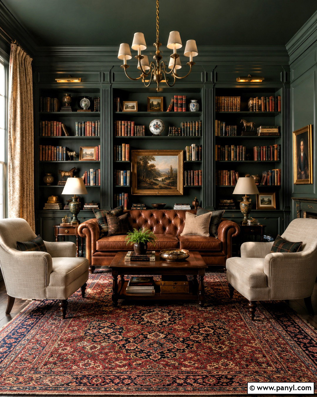 Dark Green Library - 20 dark painted rooms