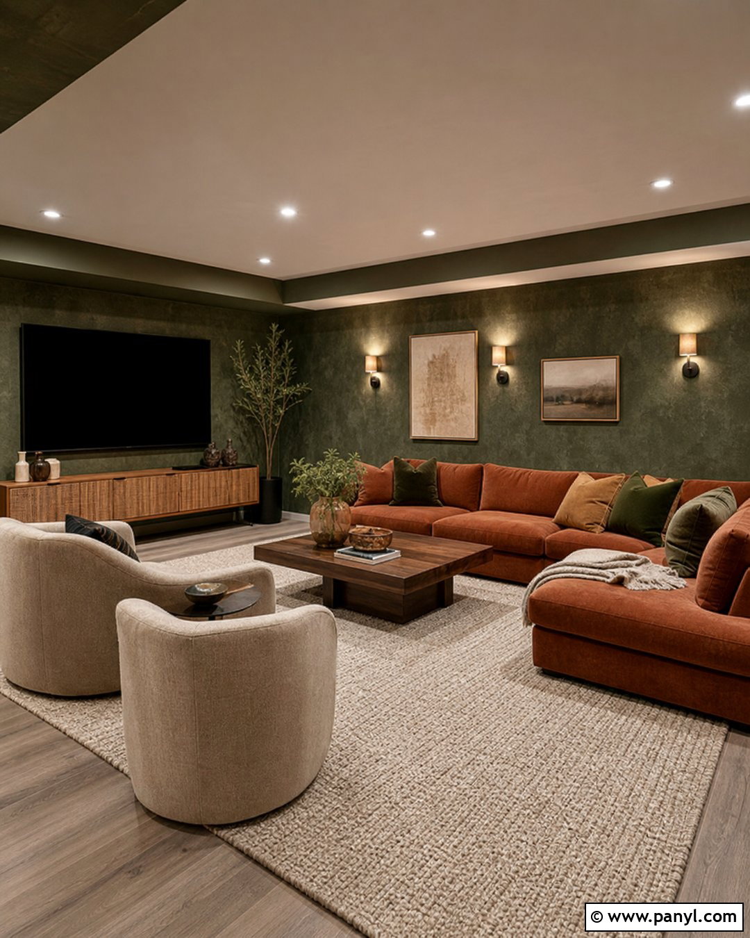 Dark Green Limewash Basement Lounge With Rust Sofa - 30 dark green limewash walls