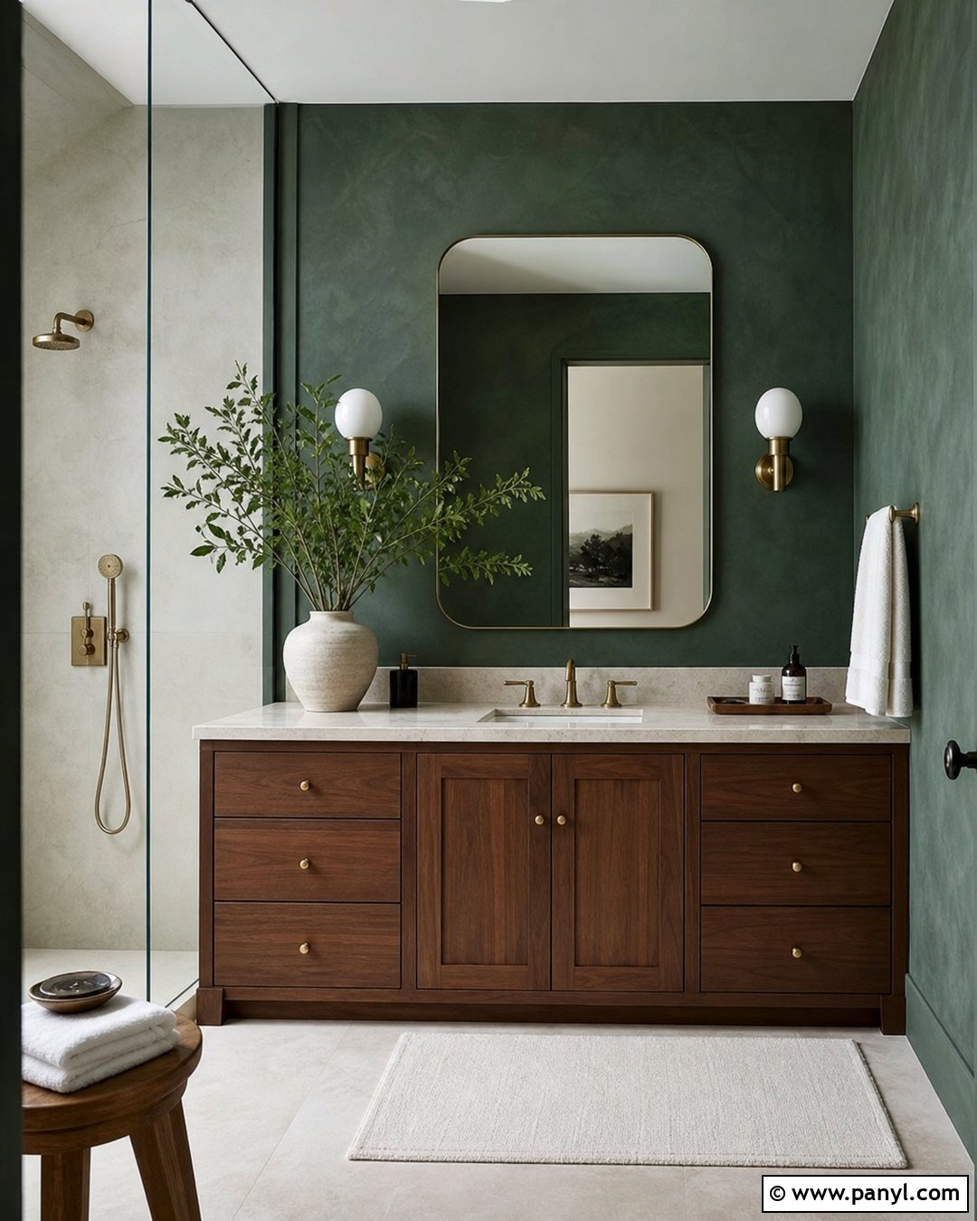 Dark Green Limewash Bathroom With Marble Vanity - 30 dark green limewash walls