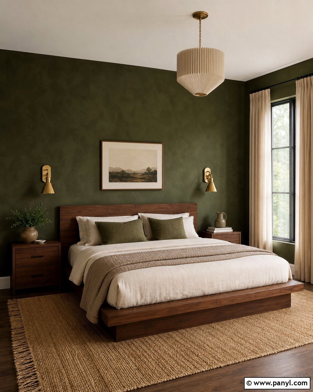 Dark Green Limewash Bedroom With Walnut Furniture - 30 dark green limewash walls
