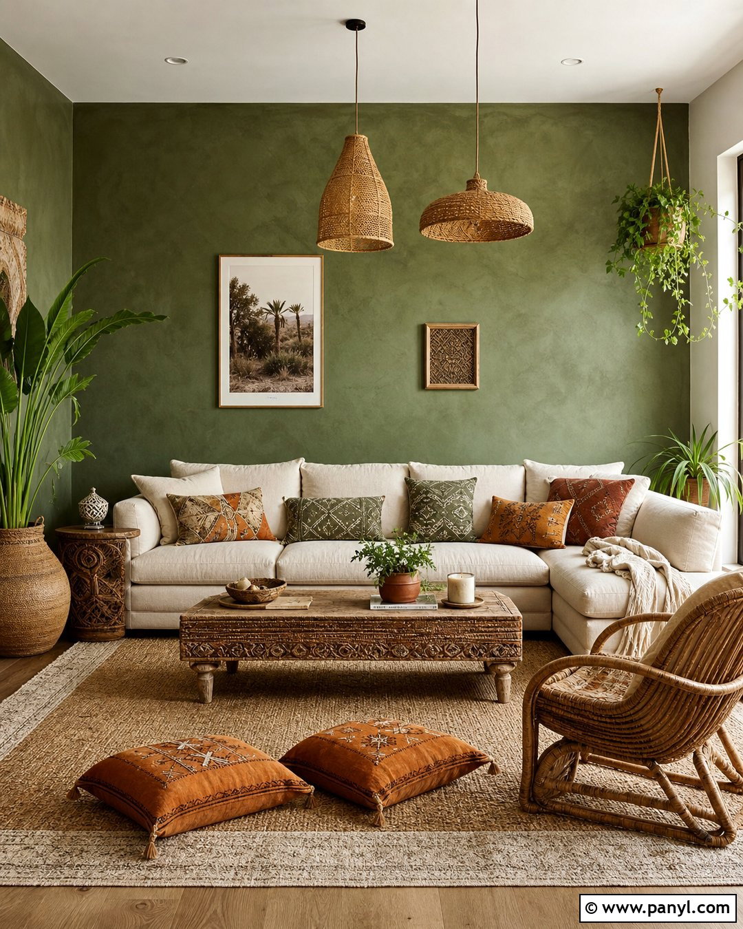 Dark Green Limewash Boho Living Room - 30 dark green limewash walls