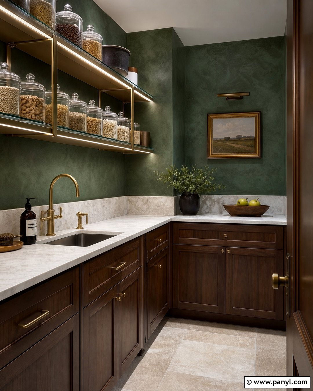 Dark Green Limewash Butler Pantry With Brass Shelves - 30 dark green limewash walls