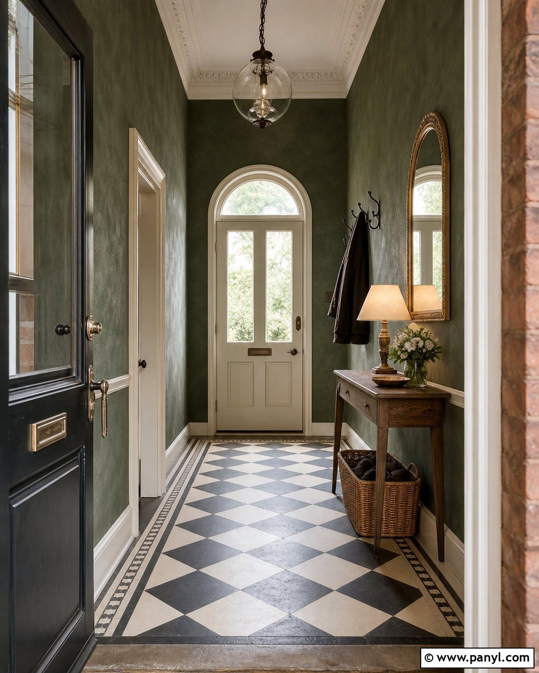 Dark Green Limewash Entryway With Checkerboard Floor - 30 dark green limewash walls