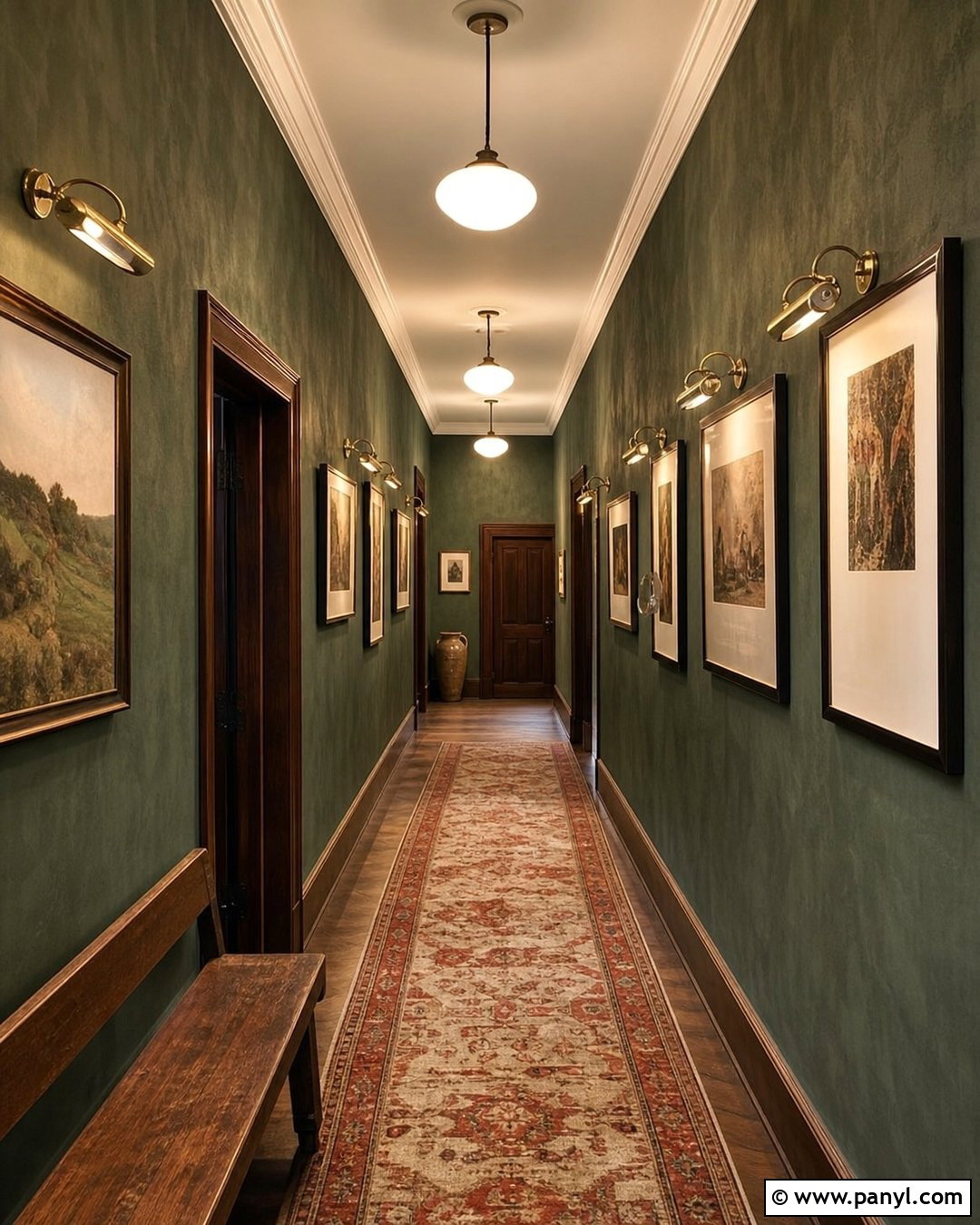 Dark Green Limewash Hallway With Picture Lights - 30 dark green limewash walls