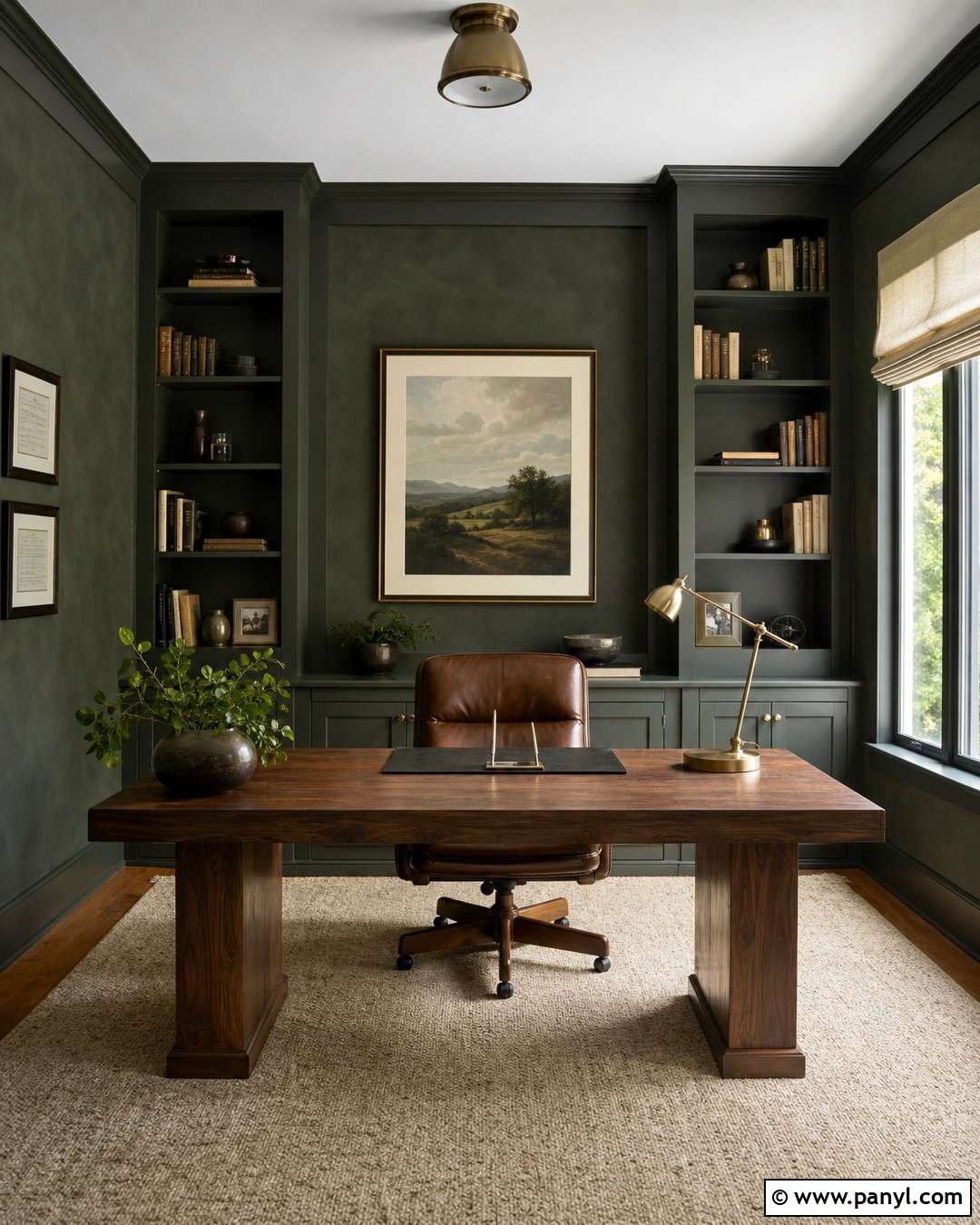Dark Green Limewash Home Office With Built-Ins - 30 dark green limewash walls