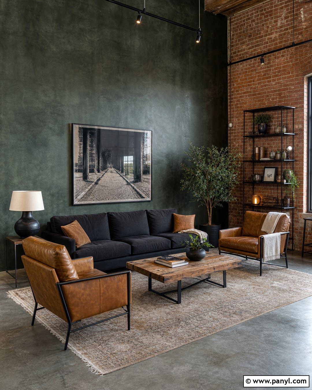 Dark Green Limewash Industrial Loft - 30 dark green limewash walls