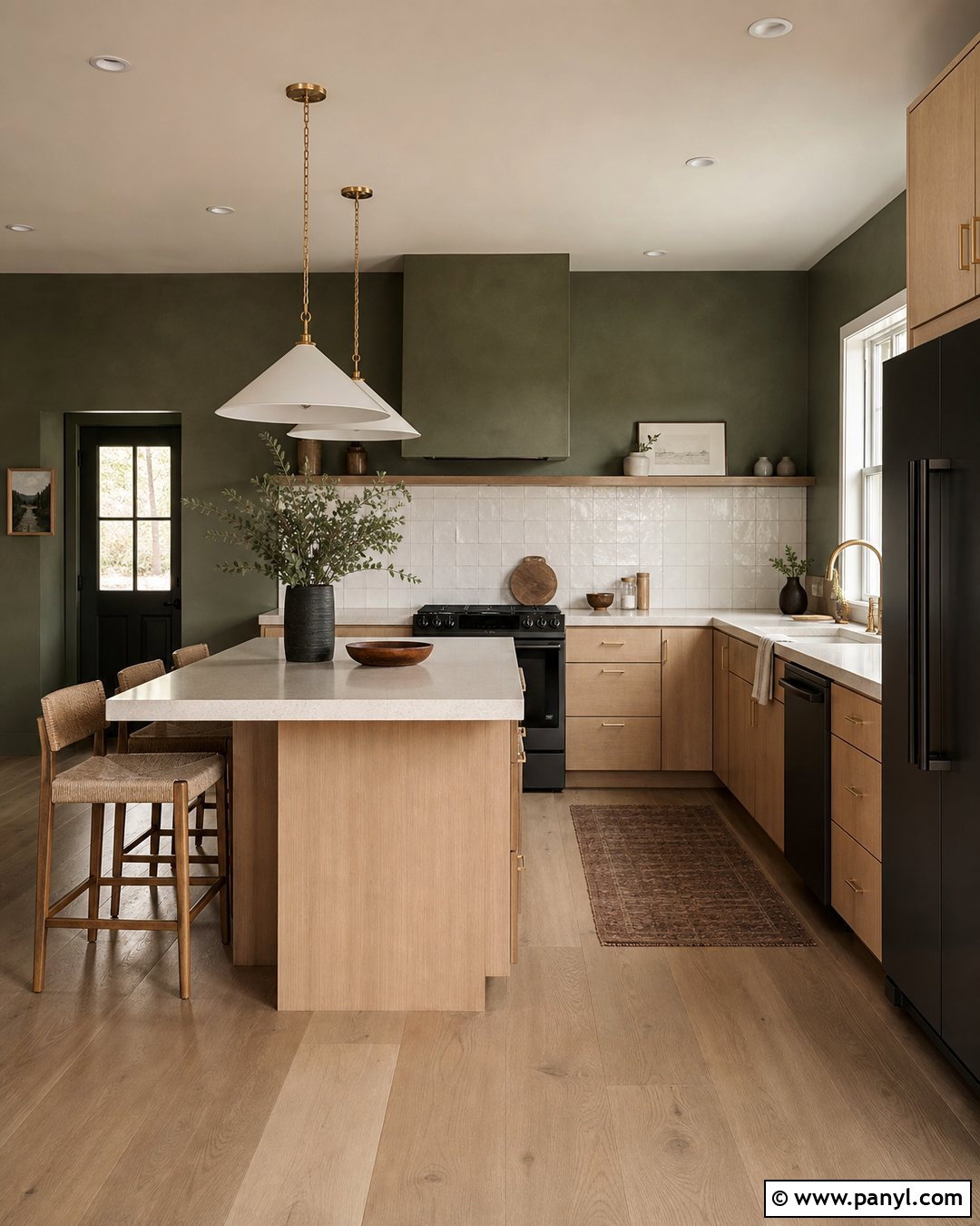 Dark Green Limewash Kitchen With Oak Cabinets - 30 dark green limewash walls