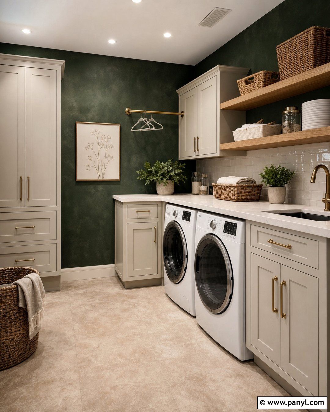 Dark Green Limewash Laundry Room With Cream Cabinets - 30 dark green limewash walls