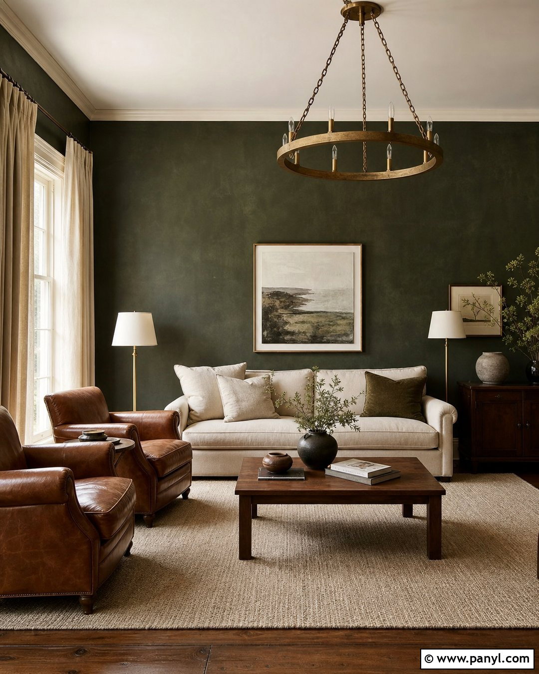 Dark Green Limewash Living Room With Cream Sofa - 30 dark green limewash walls