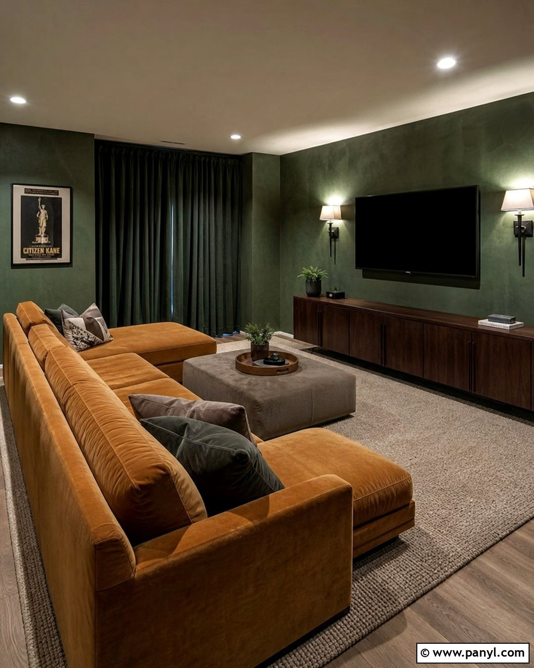Dark Green Limewash Media Room With Velvet Seating - 30 dark green limewash walls