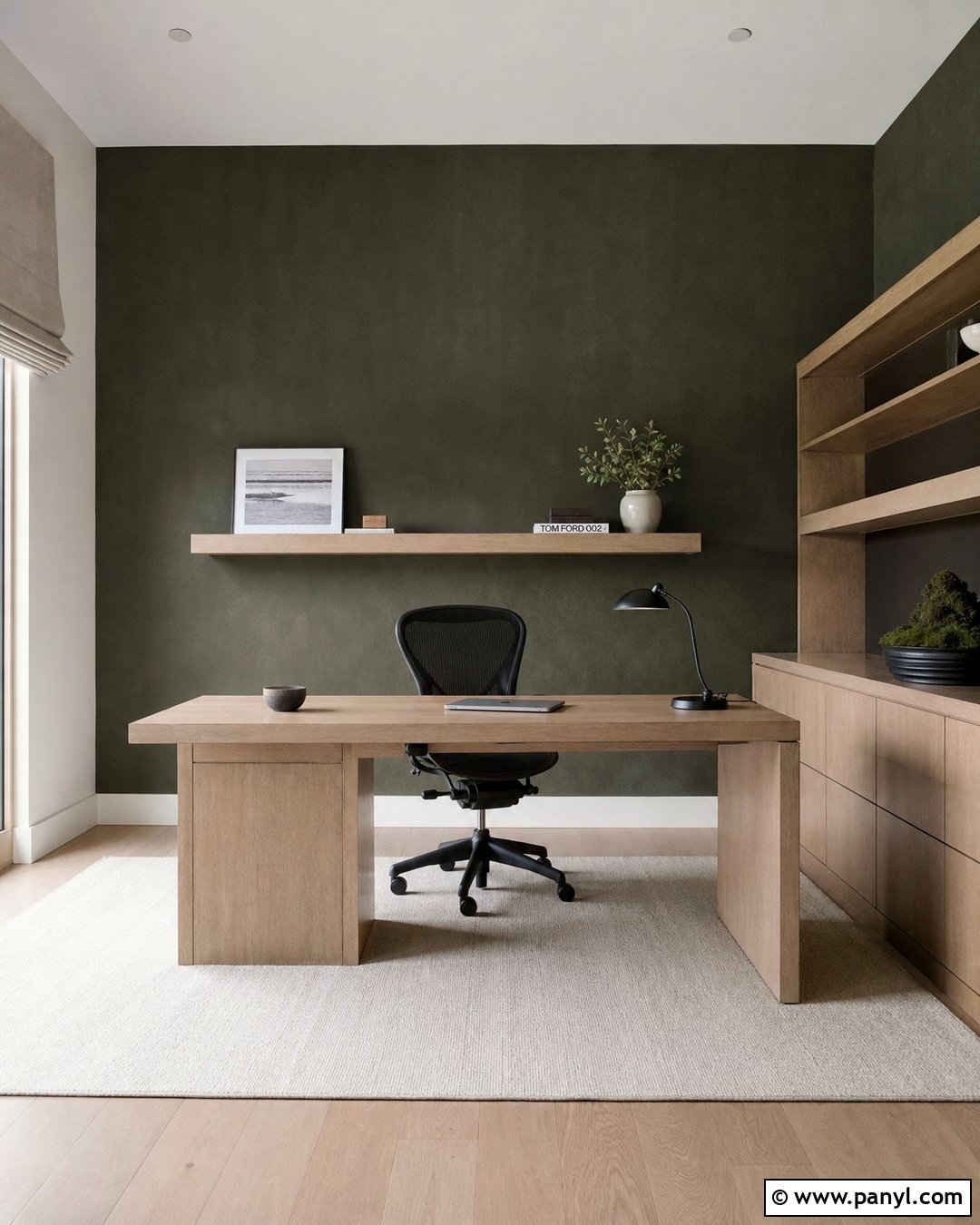 Dark Green Limewash Minimalist Office - 30 dark green limewash walls