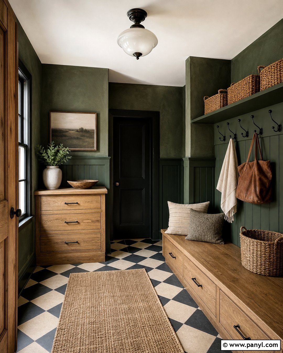 Dark Green Limewash Mudroom With Wood Bench - 30 dark green limewash walls