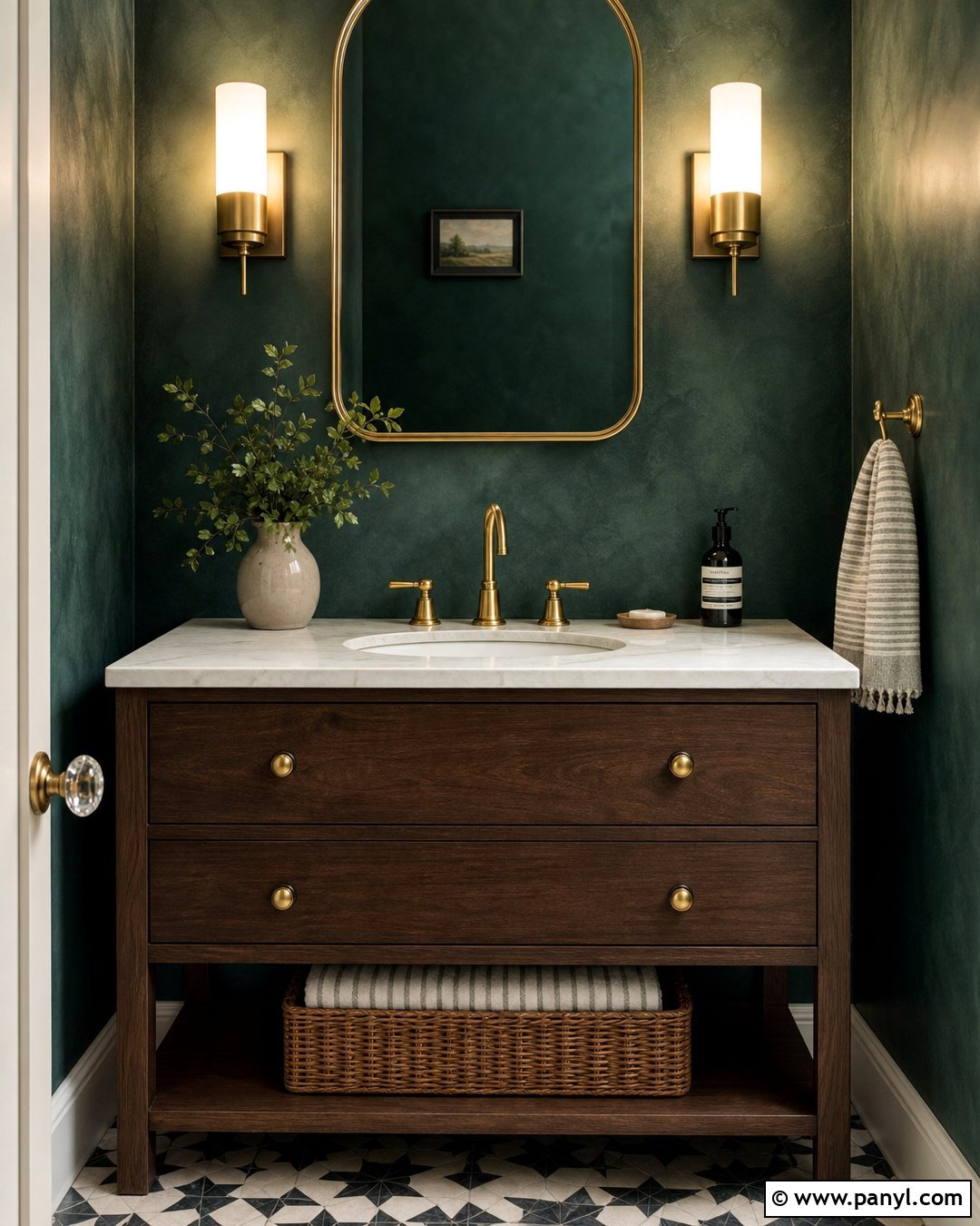 Dark Green Limewash Powder Room With Brass Fixtures - 30 dark green limewash walls