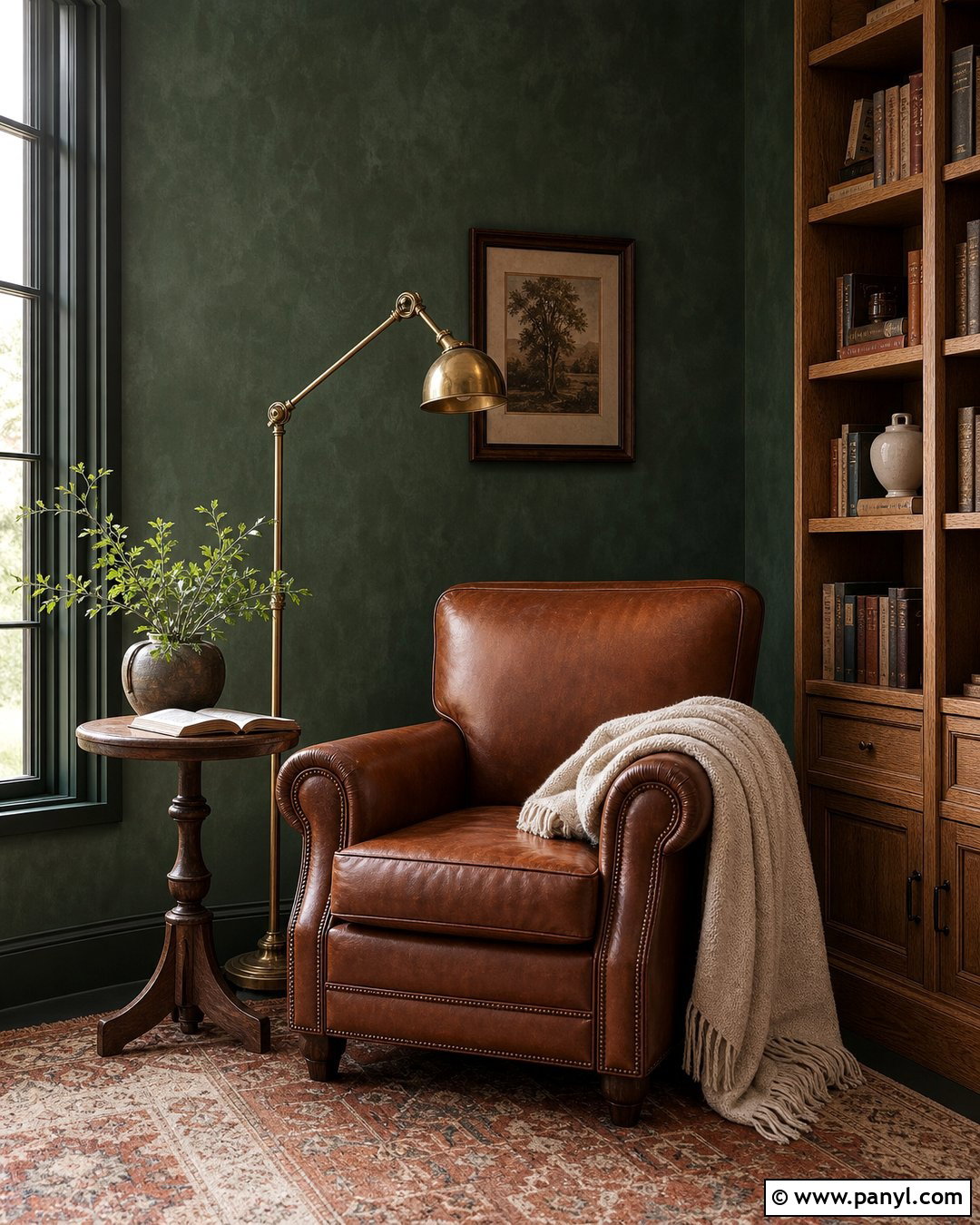 Dark Green Limewash Reading Nook With Leather Chair - 30 dark green limewash walls