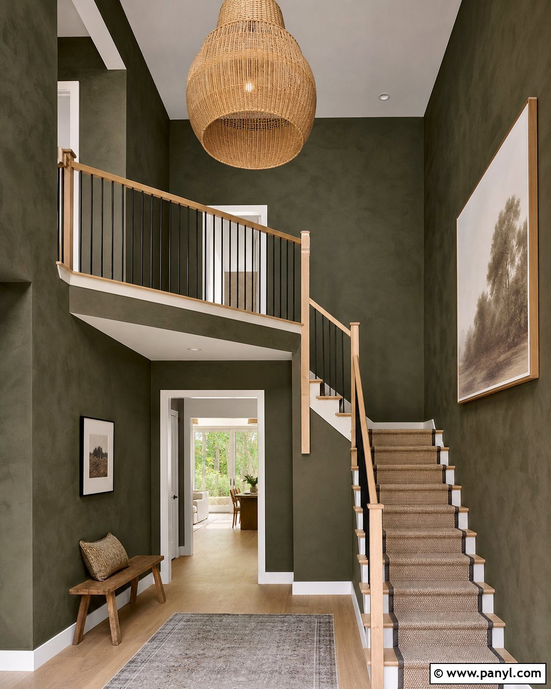Dark Green Limewash Staircase With Oak Railing - 30 dark green limewash walls