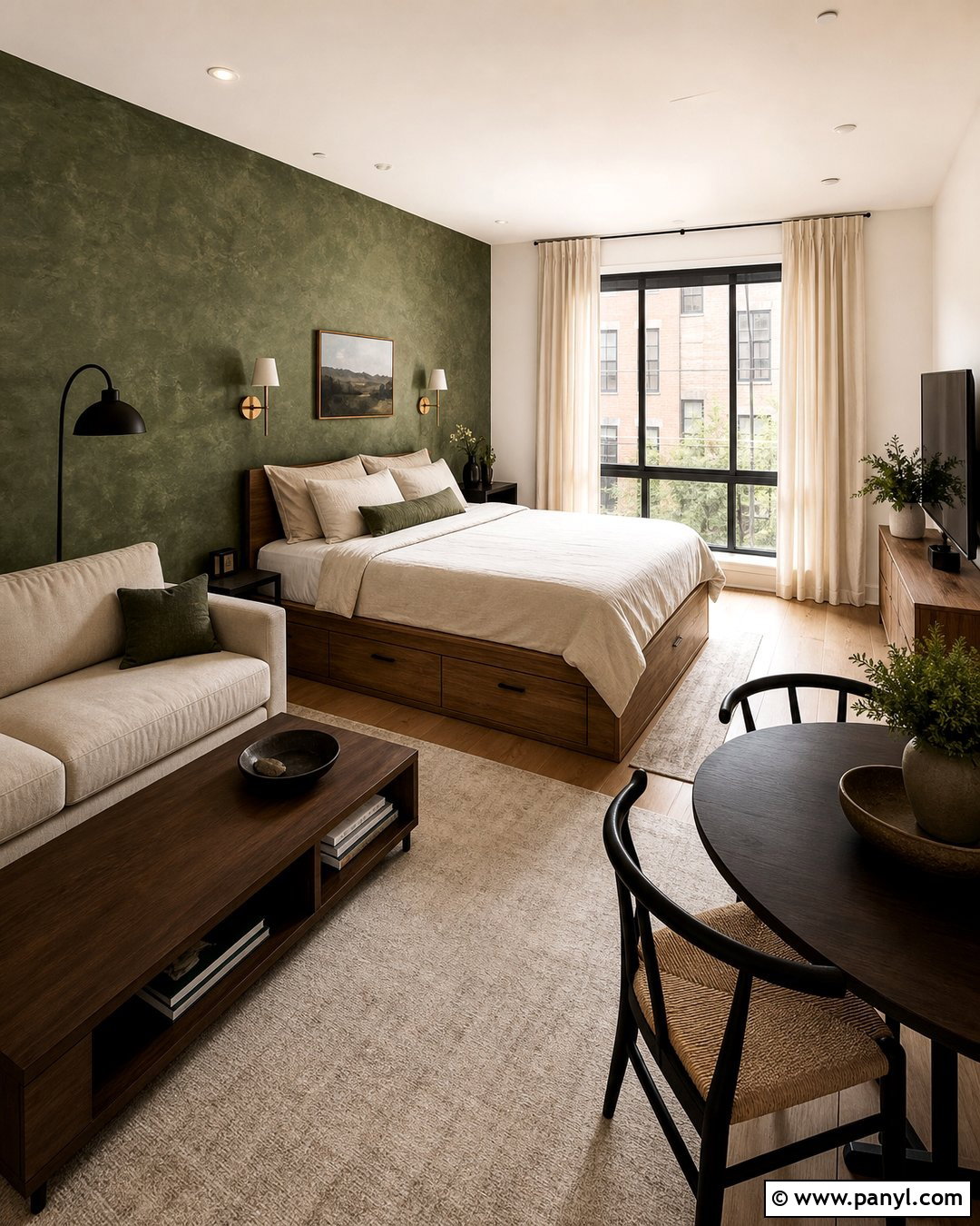 Dark Green Limewash Studio Apartment - 30 dark green limewash walls