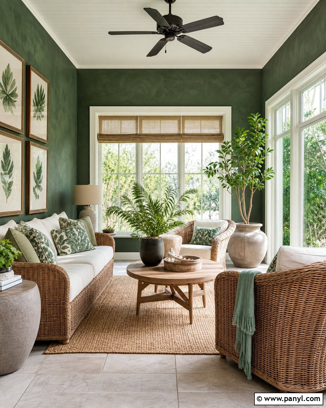 Dark Green Limewash Sunroom With Wicker Furniture - 30 dark green limewash walls