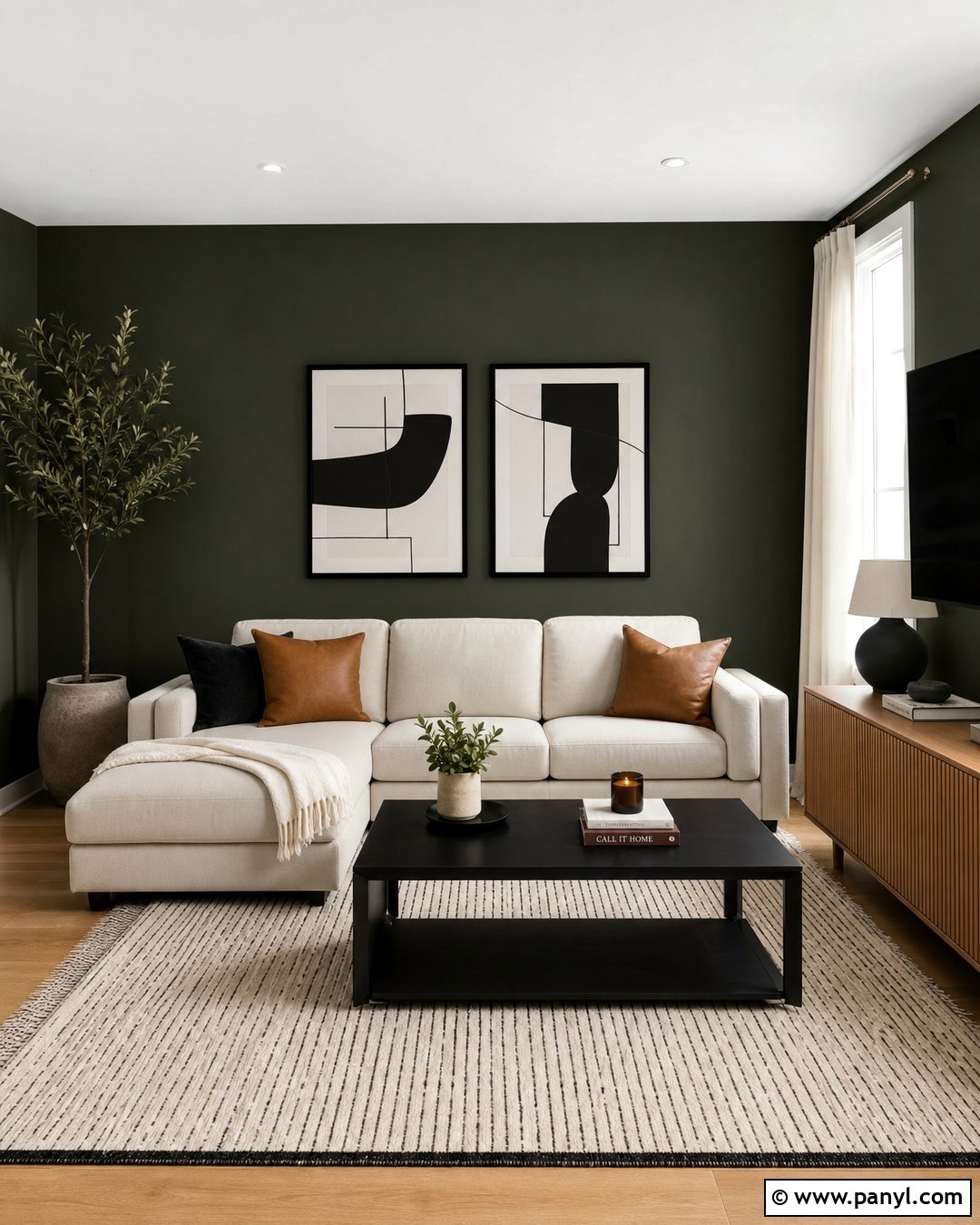 Dark Green Living Room Wall With Black And White Decor - 30 dark green wall color ideas