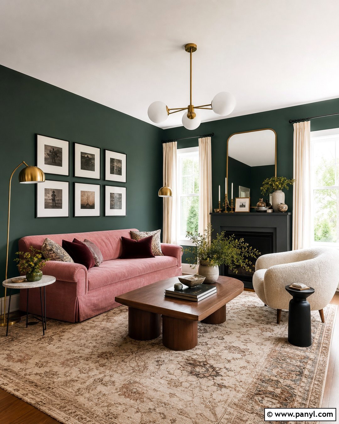 Dark Green Living Room Wall With Blush Pink - 30 dark green wall color ideas