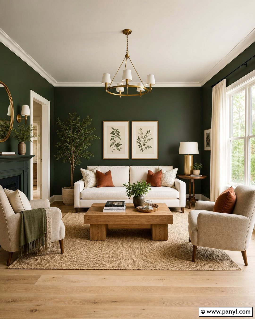 Dark Green Living Room Wall With Cream Sofa - 30 dark green wall color ideas