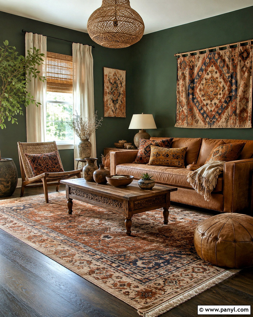 Dark Green Living Room With Boho Decor - 20 dark green living room ideas