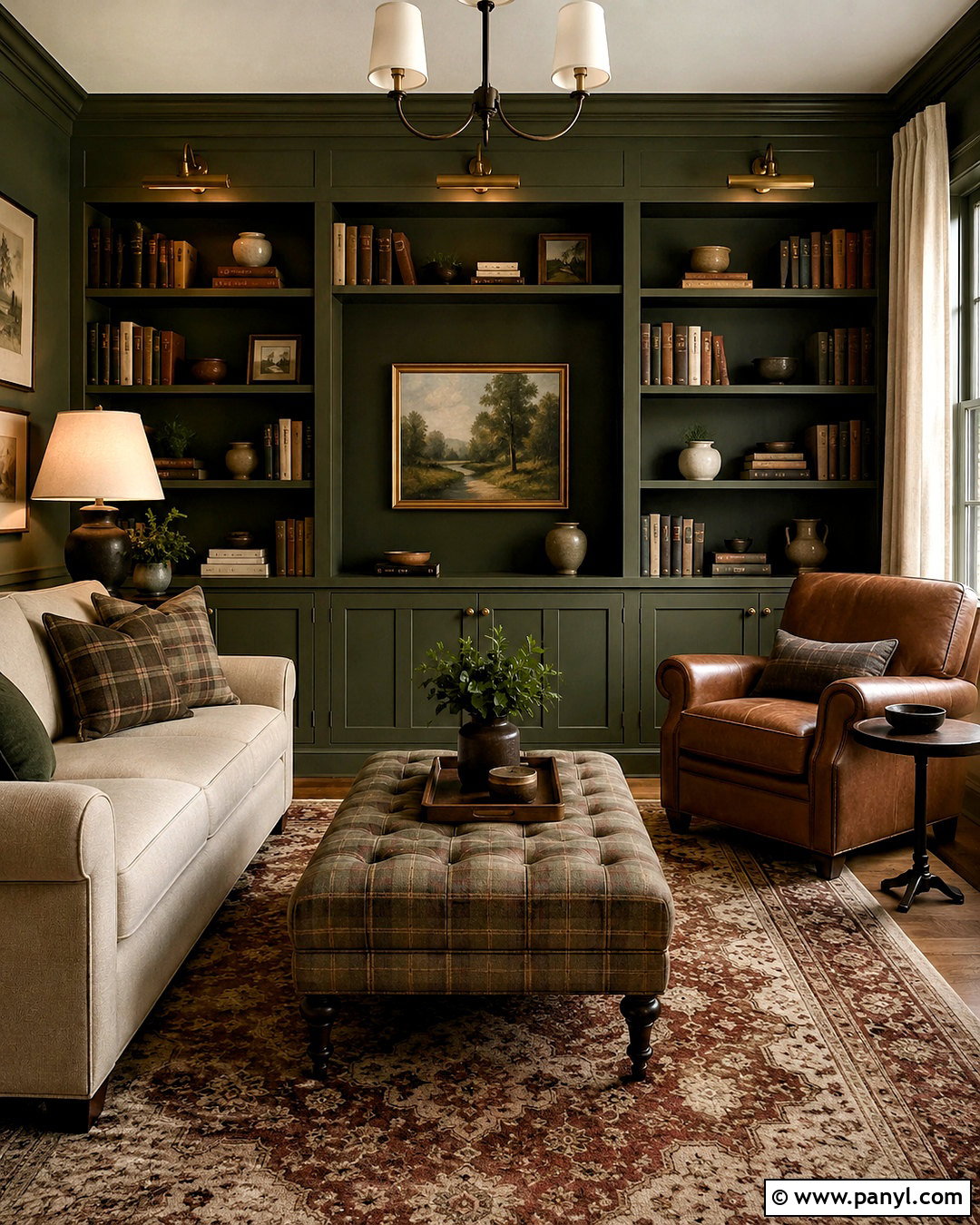 Dark Green Living Room With Built-In Bookshelves - 20 dark green living room ideas