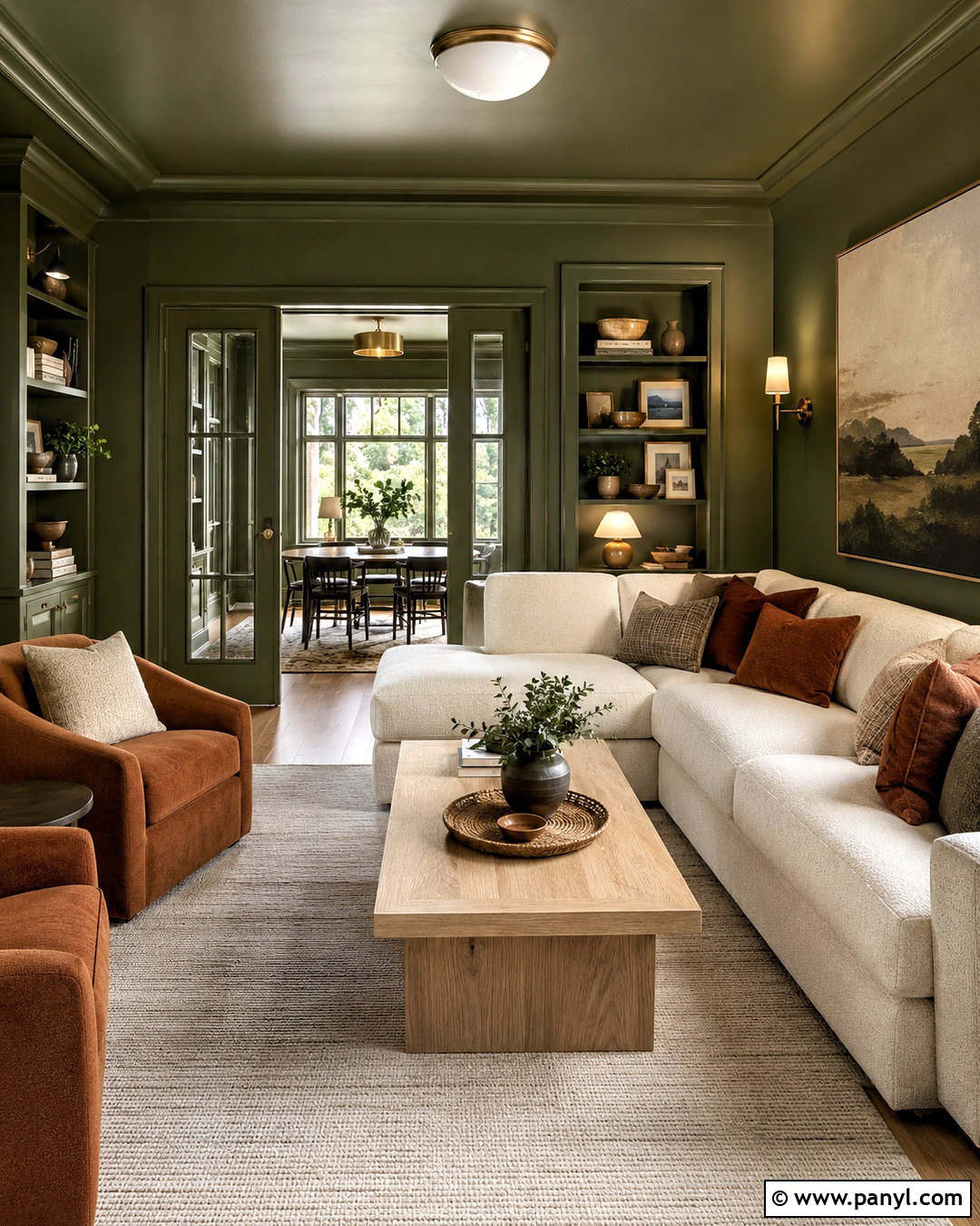Dark Green Living Room With Color-Drenched Walls - 20 dark green living room ideas