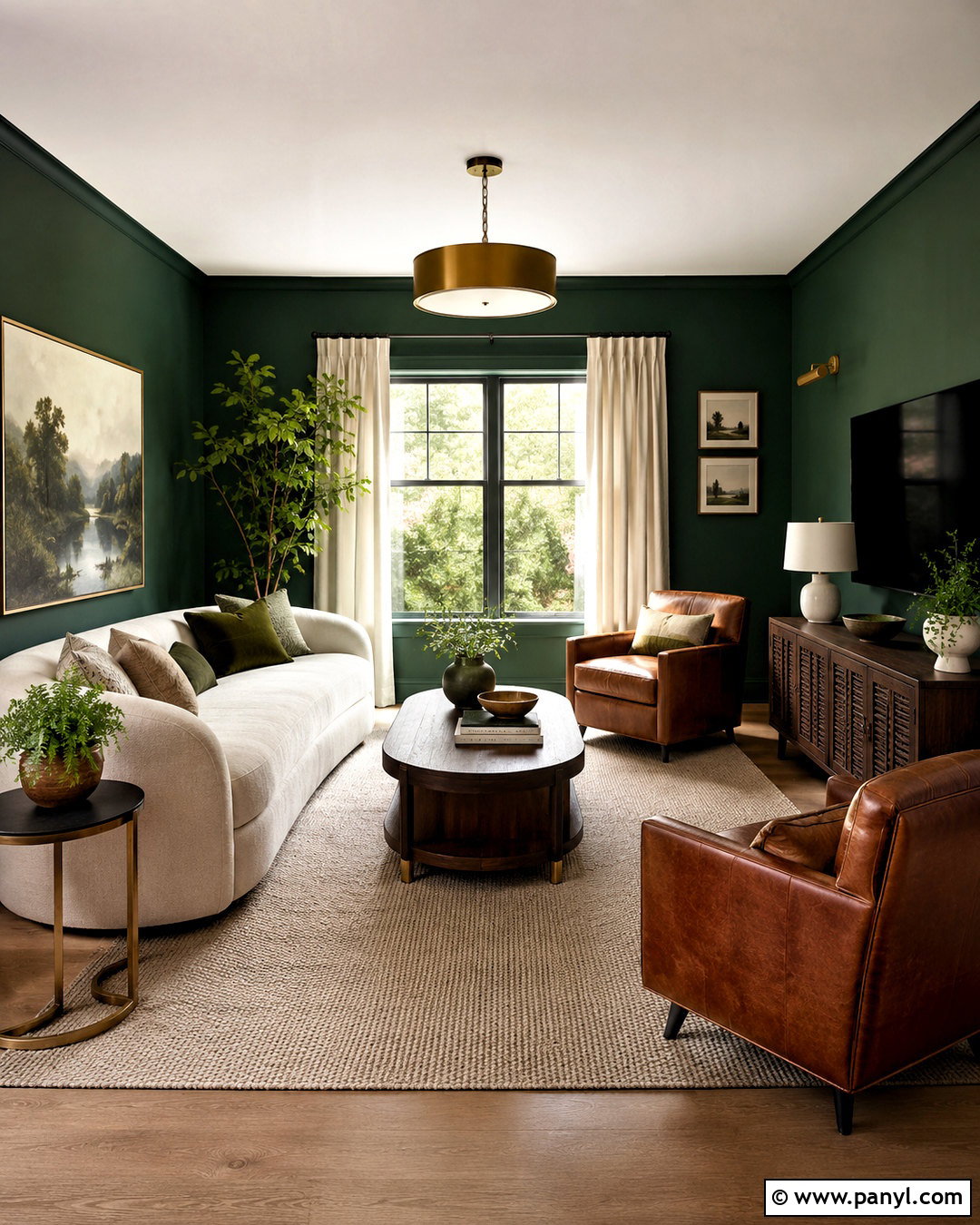 Dark Green Living Room With Cream Sofa - 20 dark green decor ideas