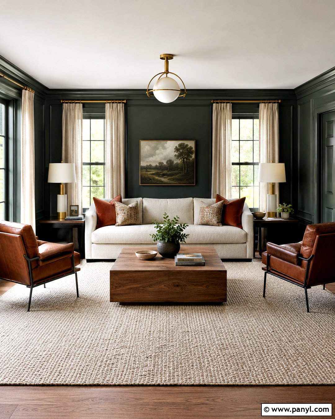Dark Green Living Room With Cream Sofa - 20 dark green living room ideas