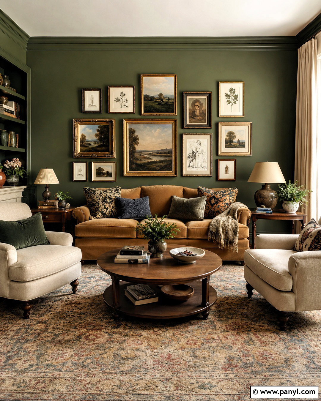 Dark Green Living Room With Gallery Wall - 20 dark green living room ideas