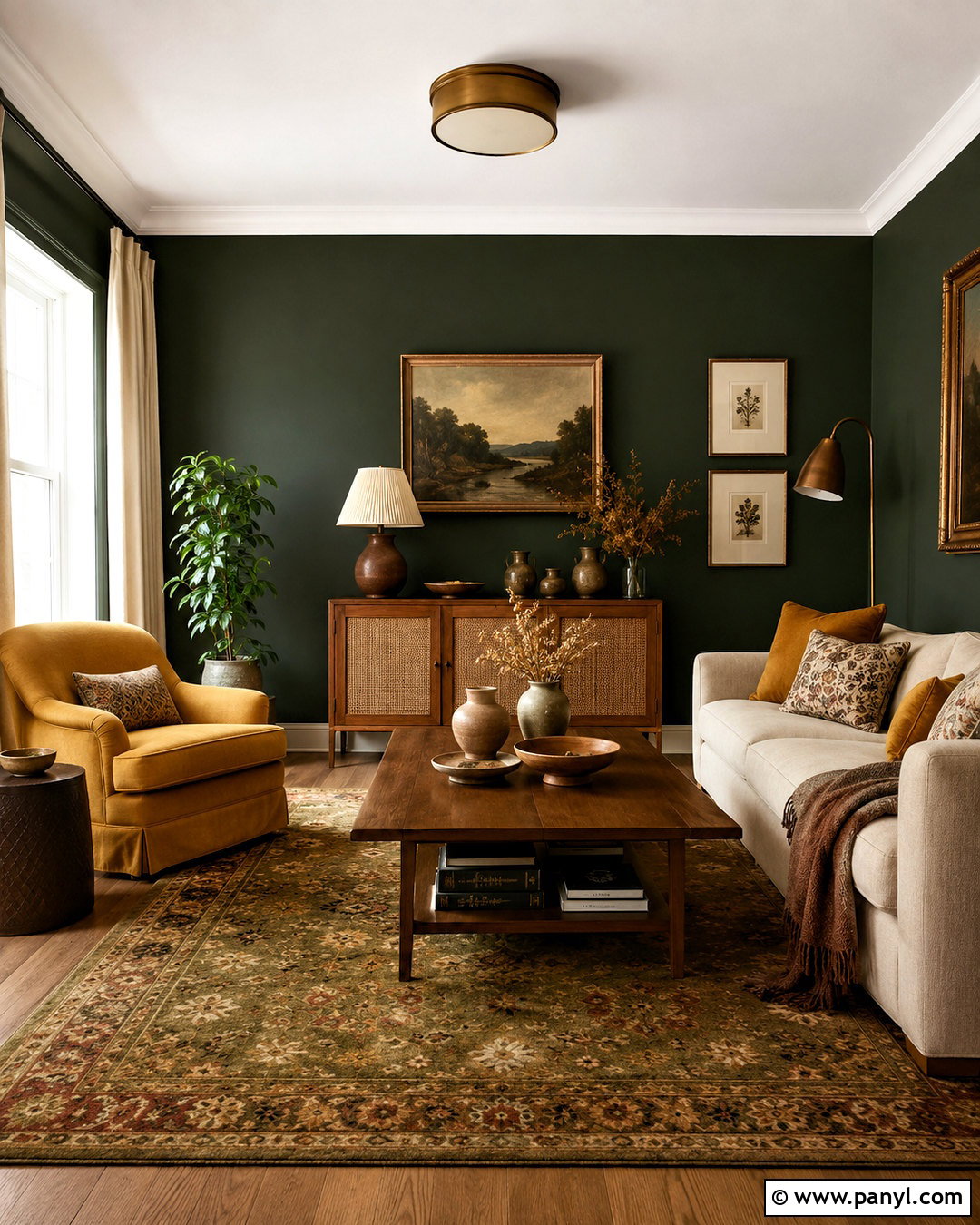 Dark Green Living Room With Mustard Accents - 20 dark green living room ideas