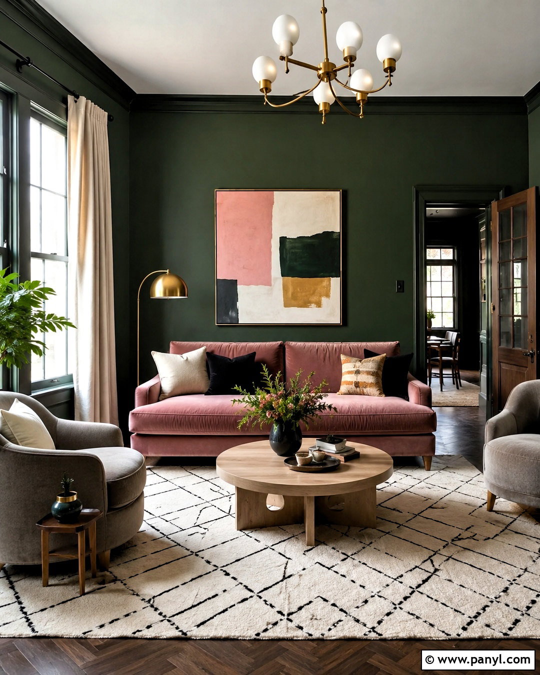 Dark Green Living Room With Pink Sofa - 20 dark green living room ideas