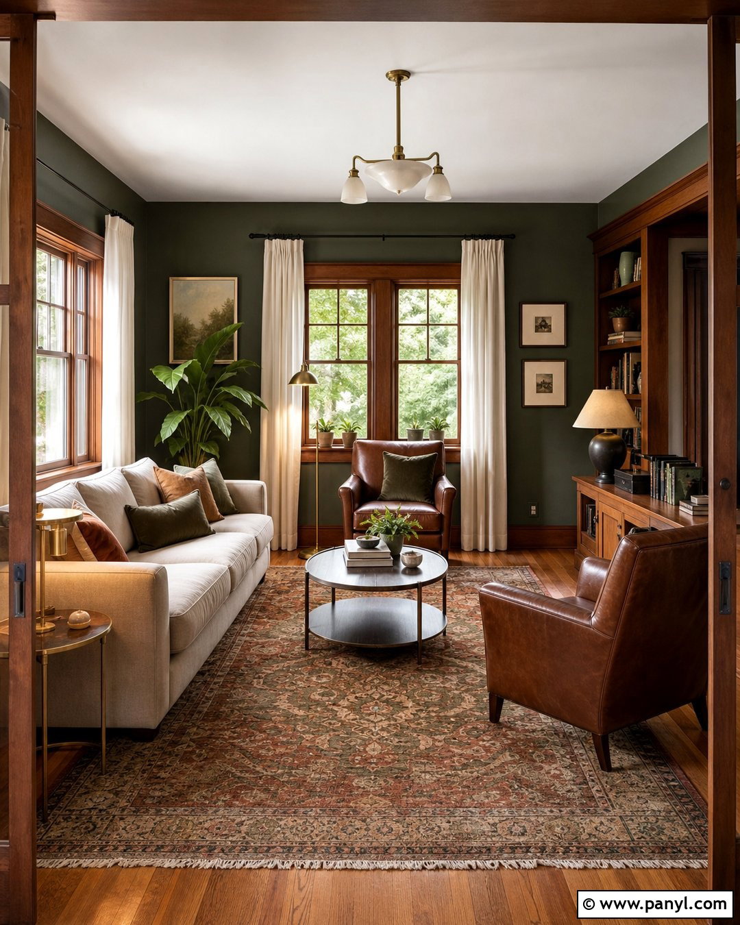 Dark Green Living Room With Wood Trim - 20 Dark Walls Unpainted Woodwork Ideas