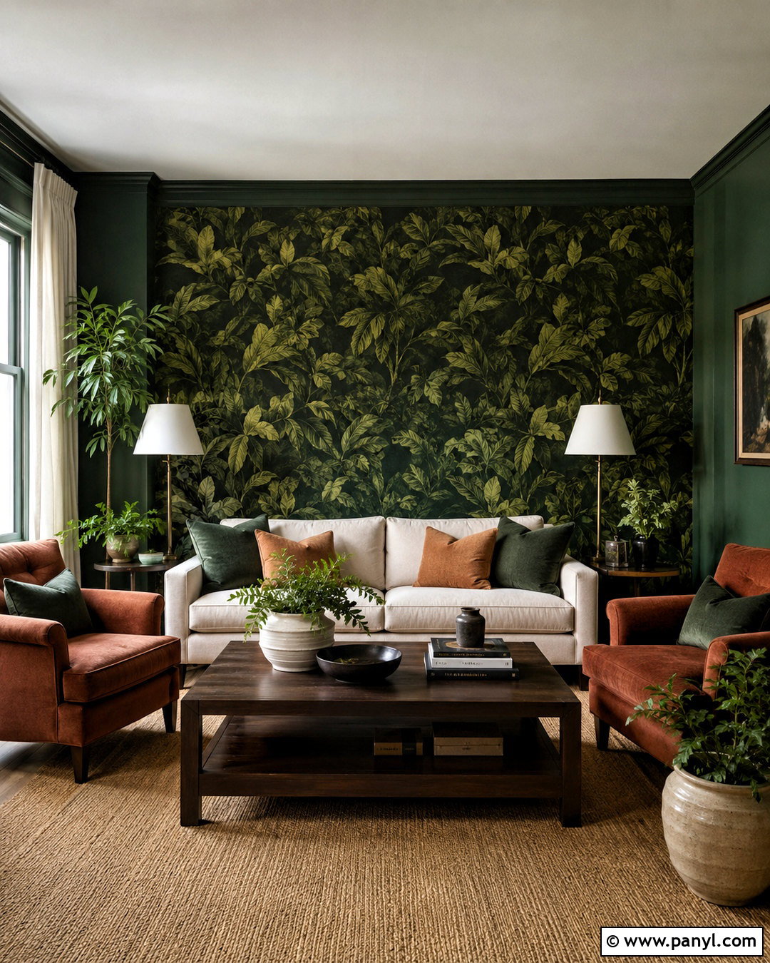 Dark Green Lounge With Botanical Wallpaper - 20 dark green lounge ideas
