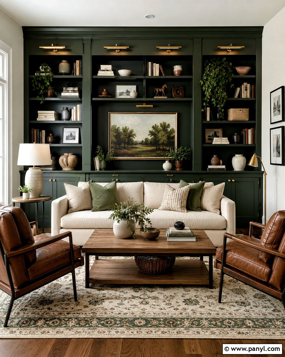 Dark Green Lounge With Built-In Shelves - 20 dark green lounge ideas