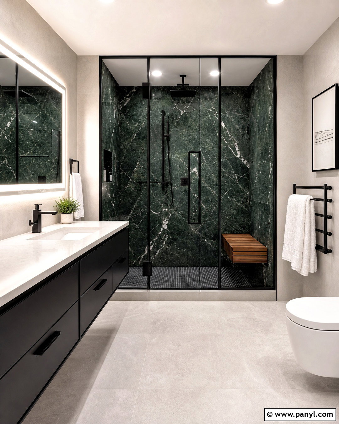 Dark Green Marble Shower With Black Fixtures - 20 dark green and black bathroom ideas