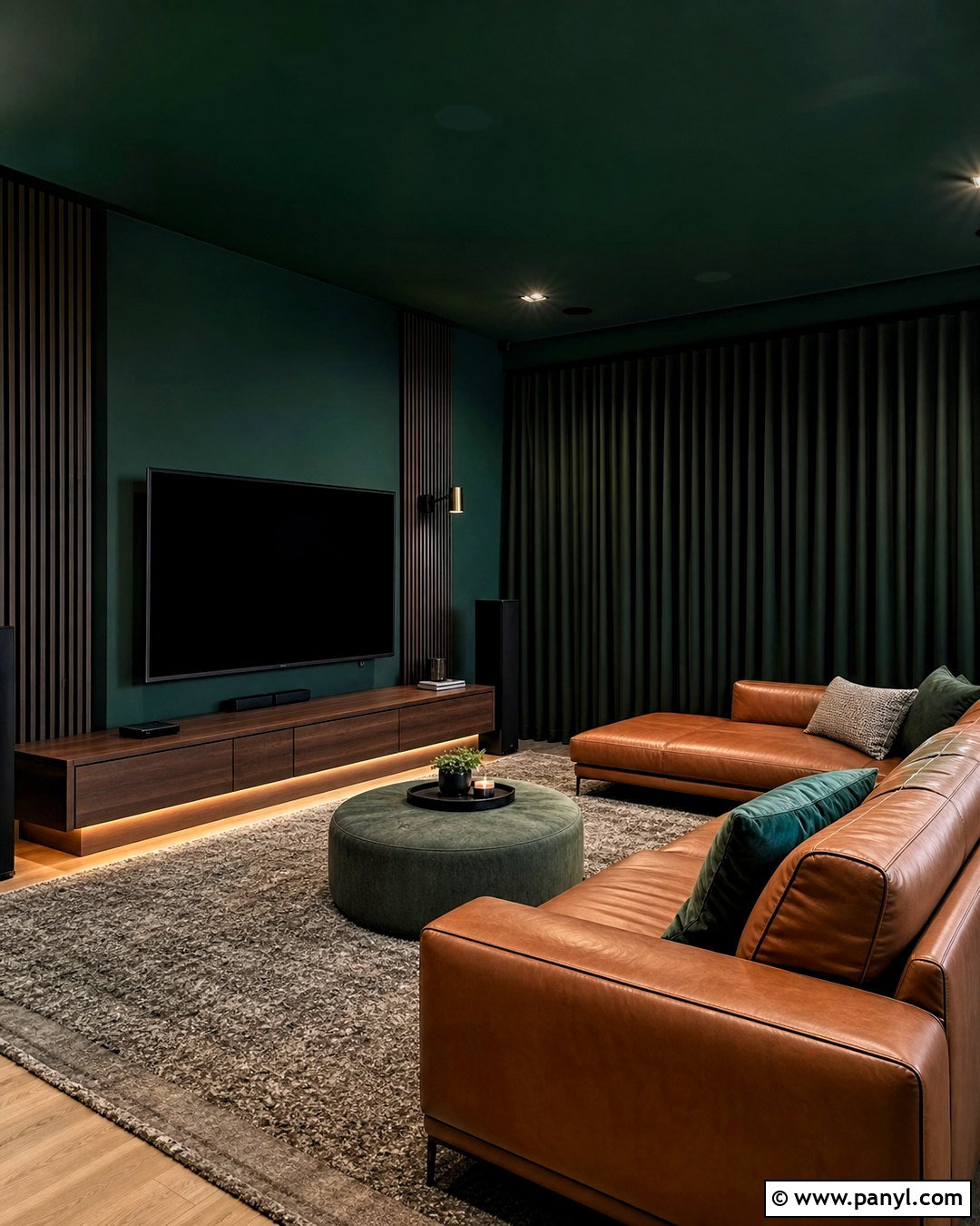 Dark Green Media Room With Leather Seating - 20 dark green interior design ideas