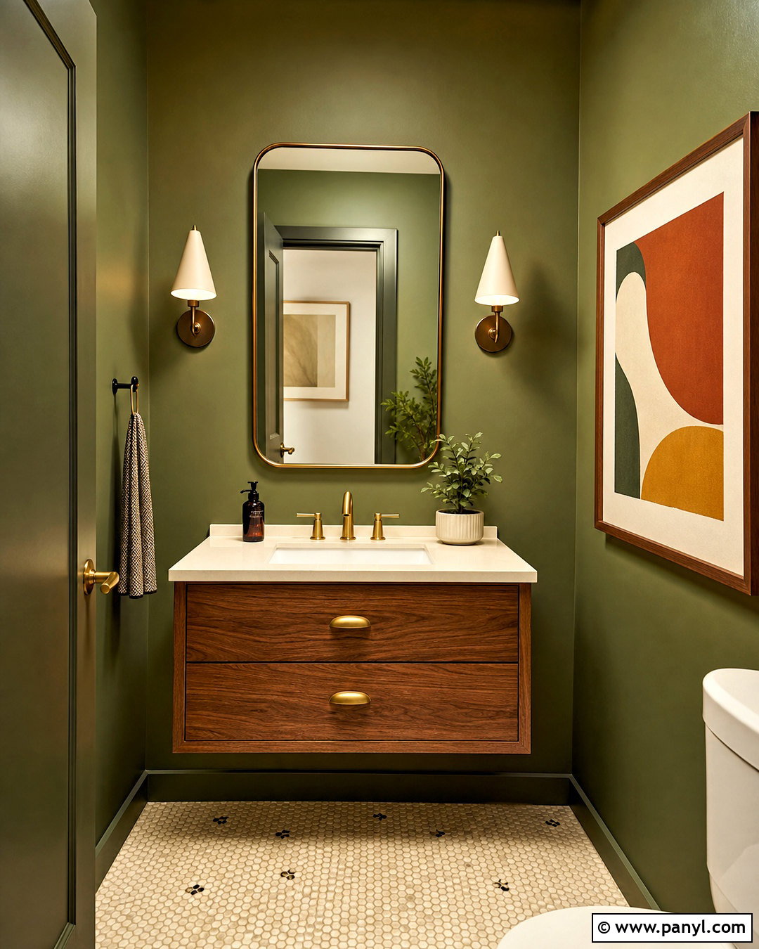 Dark Green Midcentury Powder Room - 20 dark green powder room ideas