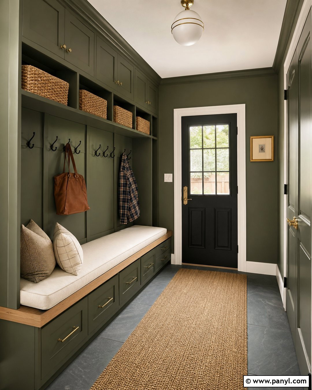 Dark Green Mudroom Wall With Built-In Storage - 30 dark green wall color ideas