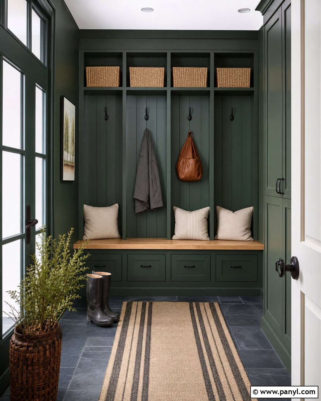 Dark Green Mudroom Walls With Built-In Storage - 35 Dark Green Painted Walls