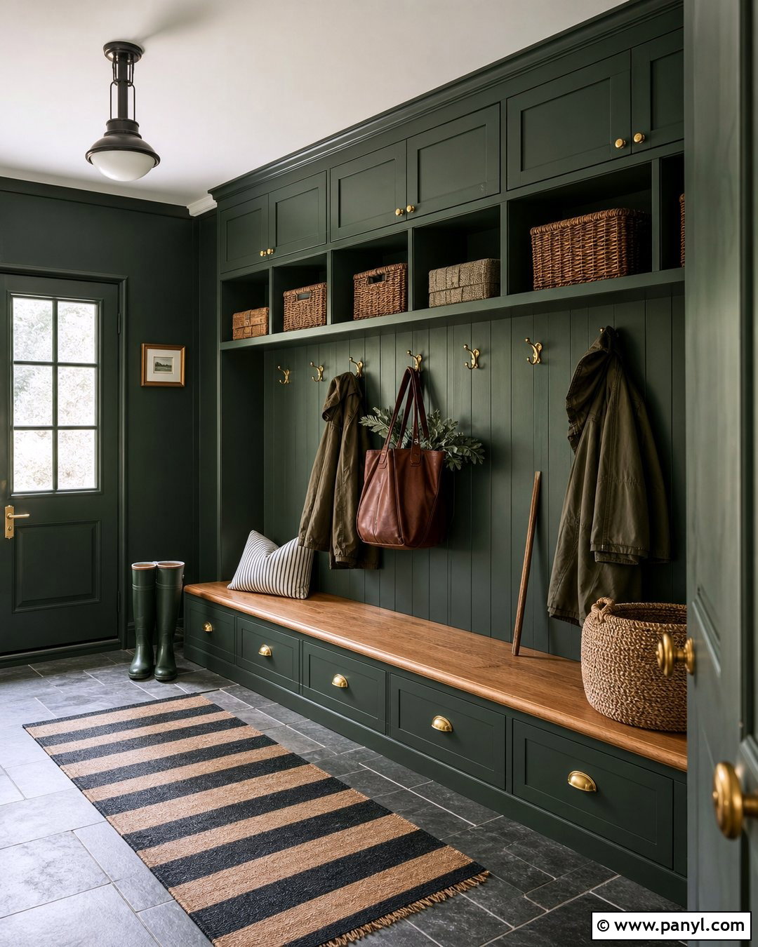 Dark Green Mudroom With Built-In Storage - 20 Dark Green Color For Wall Ideas
