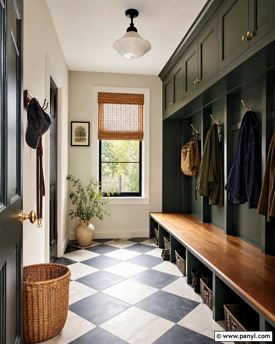 Dark Green Mudroom With Checkerboard Tile - 20 dark green mudroom ideas