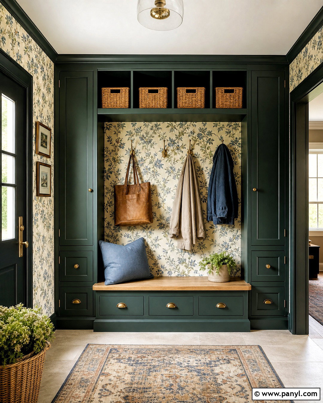 Dark Green Mudroom With Floral Wallpaper - 20 dark green mudroom ideas