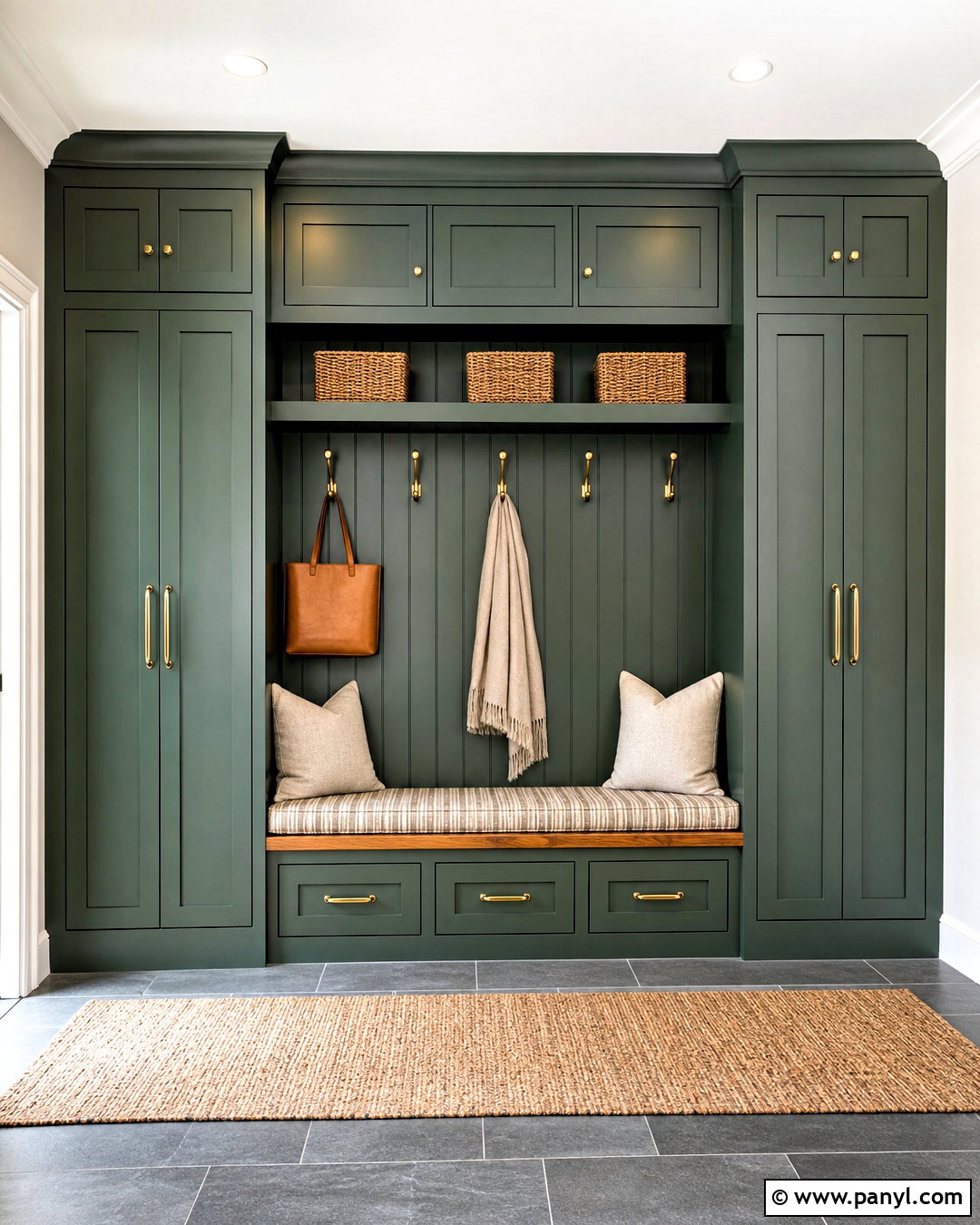 Dark Green Mudroom With Oak Bench - 20 dark green interior ideas