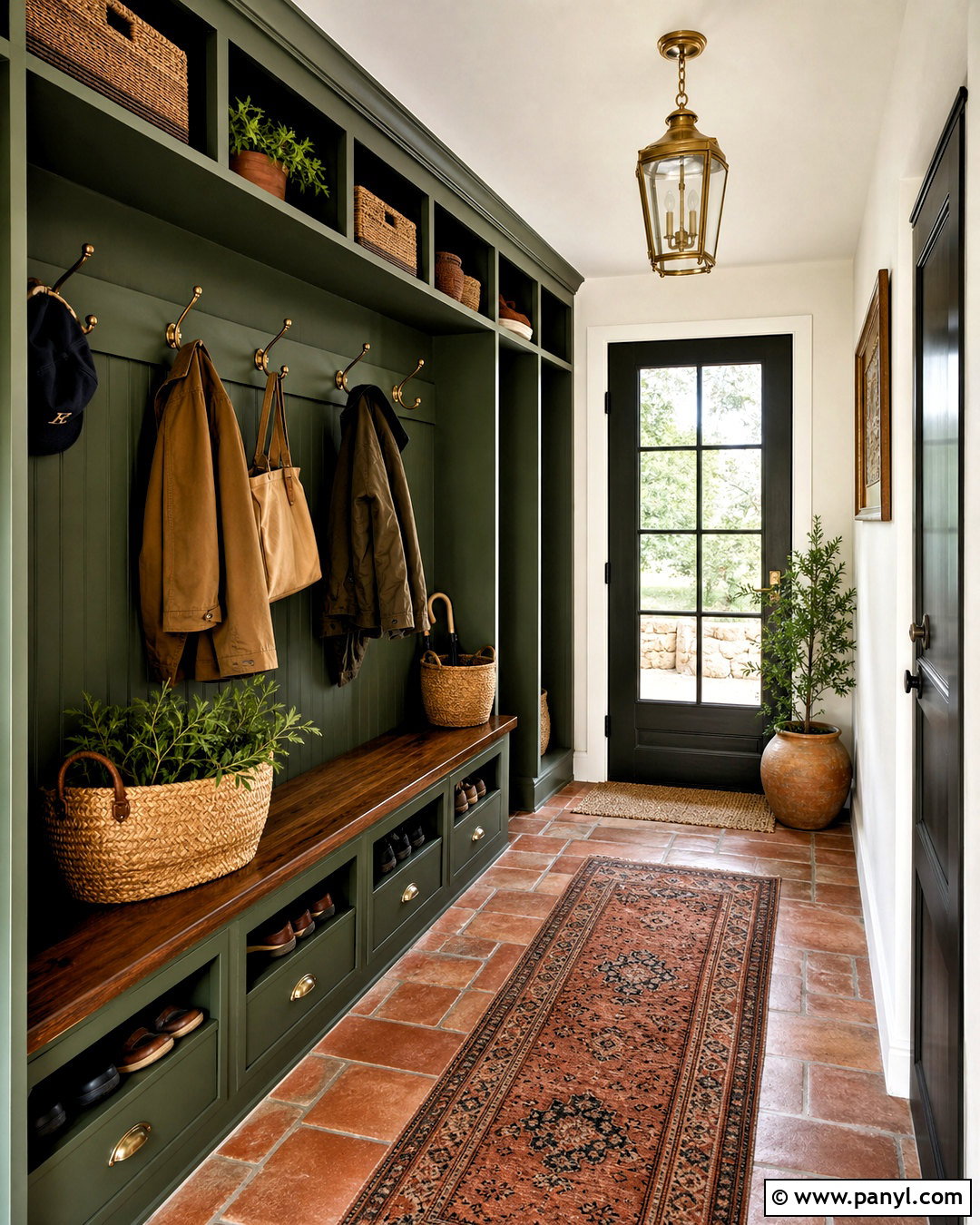 Dark Green Mudroom With Terracotta Floor - 20 dark green mudroom ideas