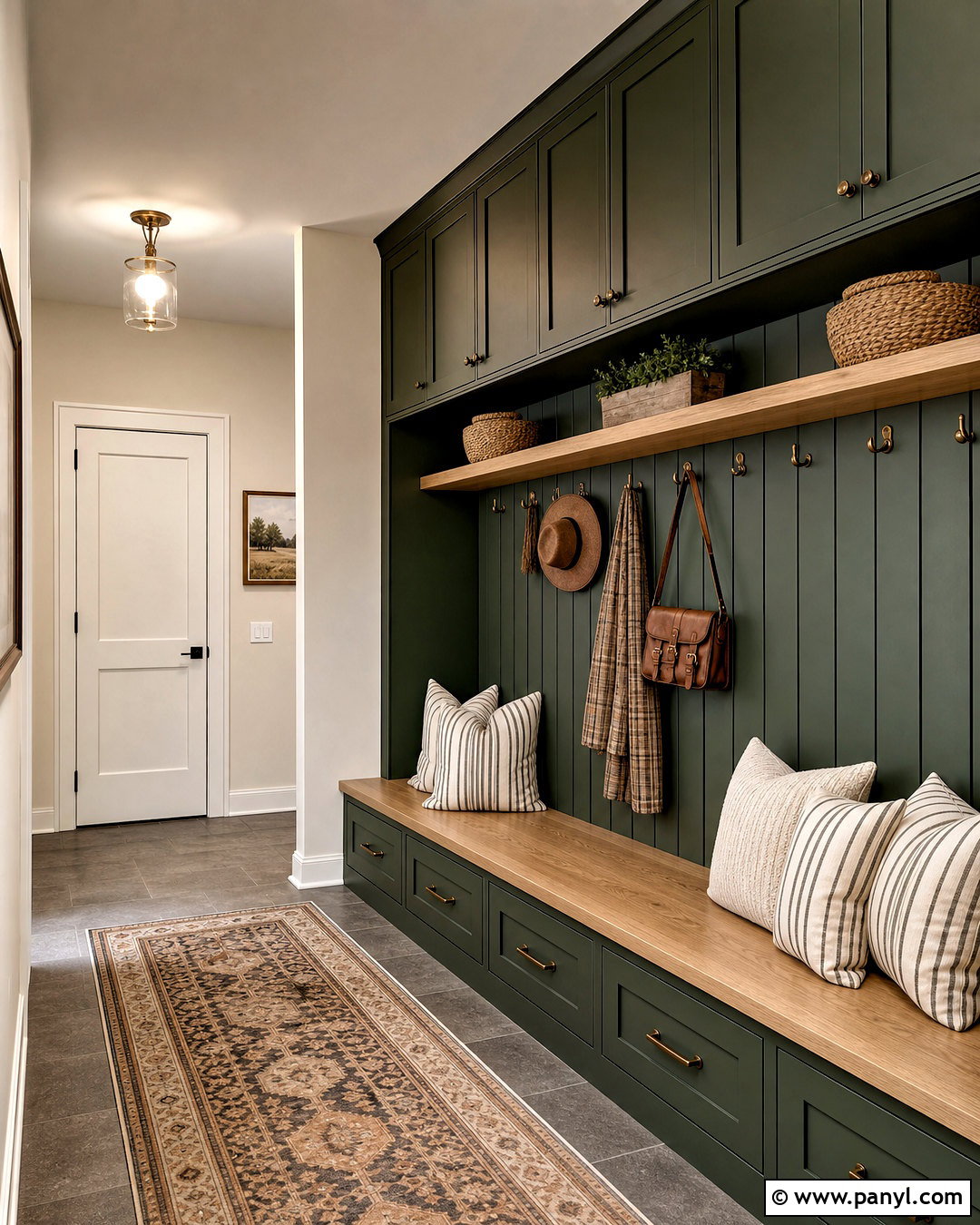Dark Green Mudroom With White Oak Bench - 20 dark green mudroom ideas